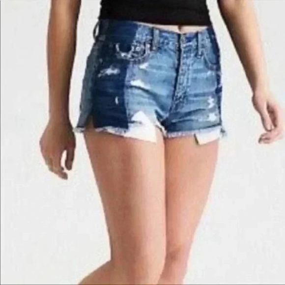 American Eagle Highrise Festival Patchwork Distressed Frayed Denim Short Size 2 - Picture 2 of 12